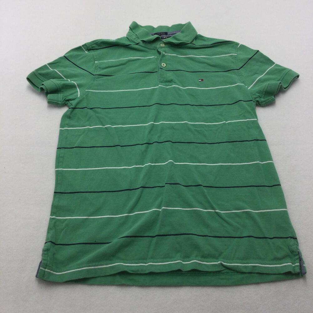 Tommy Hilfiger Polo Shirt Mens Medium Green Striped Short Sleeve Custom Fit Logo
